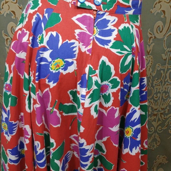 Vintage Floral Midi Full Swing Skirt Size S Colorful Retro Red Green - Picture 8 of 8